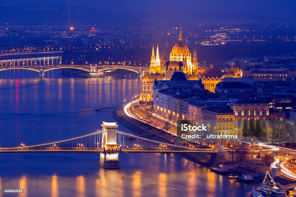 Panoramic view of Budapest cityscape View of the Hungarian Parliament Building and the Chain Bridge in Budapest. Budapest Stock Photo