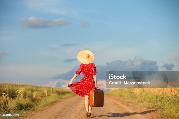 Redhead Girl With Suitcase At Outdoor Stock Photo - Download Image Now - Women, One Woman Only, Travel