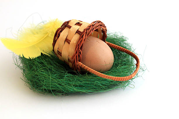 istock Easter egg in basket with yellow feather on white 468868390