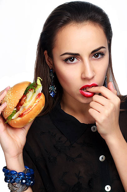 beautiful girl with a hamburger white background