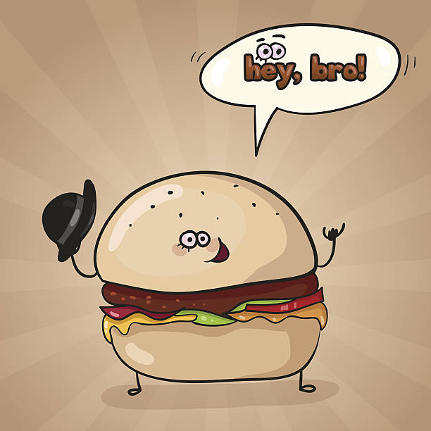 ilustraciones, imágenes clip art, dibujos animados e iconos de stock de personaje de historieta divertido hamburguesa - illustration and painting sandwich hungry beef