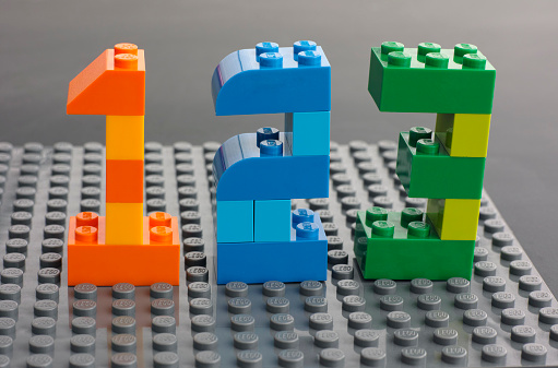 Tambov, Russian Federation - March 27, 2015: Lego custom numbers 1, 2, 3 on Lego gray baseplate. Studio shot.