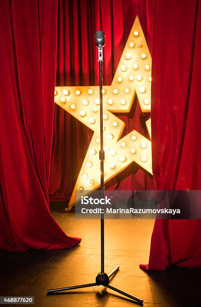 Standing On Stage Concert Vintage Microphone Stock Photo - Download Image Now - Curtain, Backstage, Cabaret