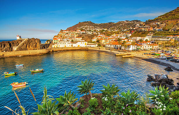 Camara de Lobos - Madeira The beautiful fishing village of Camara de Lobos on the portugese Island of Madeira at sunset; in the back the landmark Cabo Girao, the world second highest steep cliff (580 m). funchal stock pictures, royalty-free photos & images