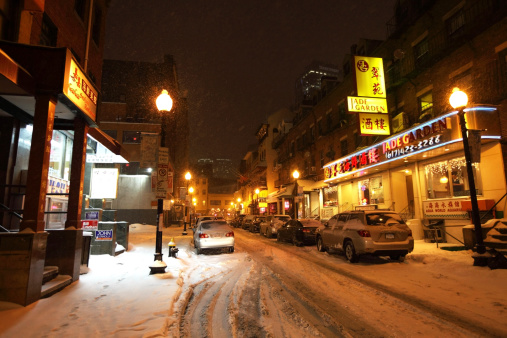 Boston, Massachusetts, USA - January 2, 2014: Cold snowy night in the third largest Chinese neighborhood in the country.