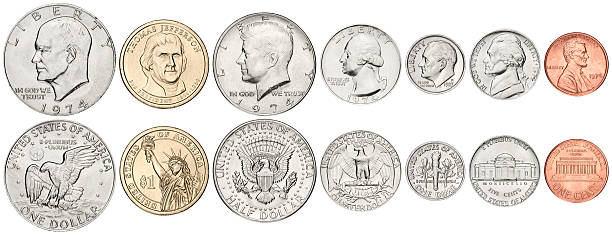 Complete US coins set on white background Set of US coins, isolated on white. cent sign photos stock pictures, royalty-free photos & images