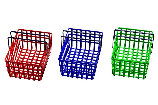 Colored shopping baskets isolated on white background. 3D render.