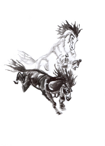 Chinese painting representing two horses