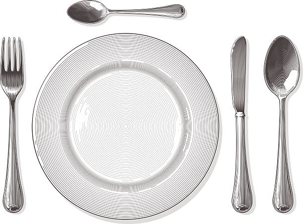 포크, 숟가락, 나이프, 플레이트 판화 주말뿐이라도 - plate silverware fork table knife stock illustrations