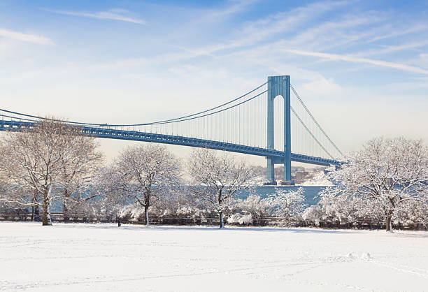 Verrazano Narrows Bridge in Winter, New York City. stock photo
