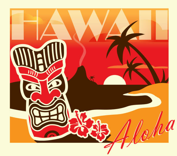 Retro revival Summer Tiki Bar party celebration postcard advertisement design template. Cute and bright design which includes sample Aloha text design,sunset palm trees, volcano, oasis, tiki statue, and hibiscus flower. Yellow, orange, and brown color scheme.  Easy to edit with layers. Vector illustration. Lot's of texture and vintage Hawaiian style.