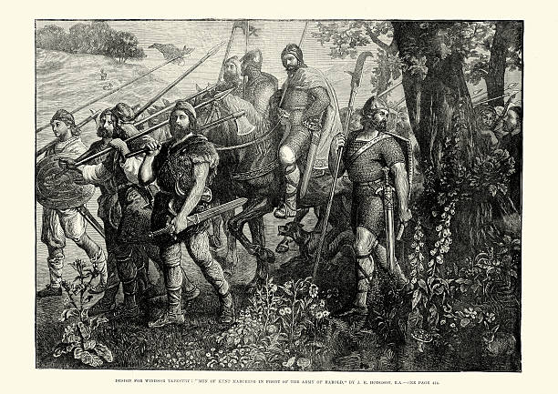 Battle of Hastings - Men of Kent Vintage engraving of Anglo Saxon warriors of Kent marching to the Battle of Hastings at the head of King Harold's army. The Battle of Hastings was fought on 14 October 1066 between the Norman-French army of Duke William II of Normandy and an English army under the Anglo-Saxon King Harold II, beginning the Norman conquest of England. The London Illustrated News, 1882 norman style stock illustrations