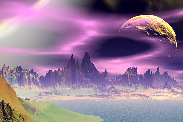 istock 3D rendered fantasy alien planet. Rocks and  moon 468903456