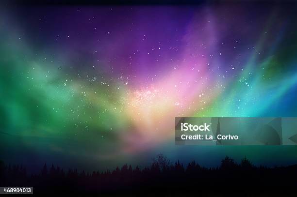 Multicolored Northern Lights On Canadian Forest Stock Photo - Download Image Now