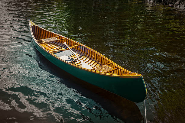A classic green cedar and canvas canoe floating on green lake water.  View looking down inside at the varnished ribs and planks.  Web seats and one paddle.  Summer evening and good copy space.  Leica camera photo.