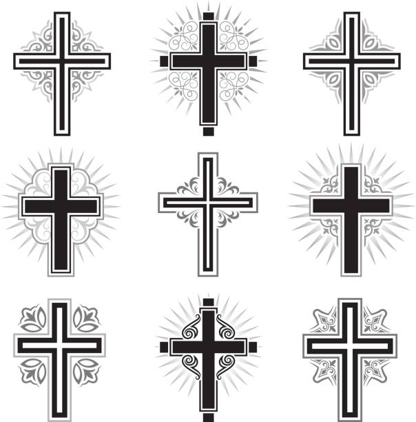 illustrazioni stock, clip art, cartoni animati e icone di tendenza di christian cross bianco e nero icona set vettoriale royalty-free - cross ornate catholicism cross shape