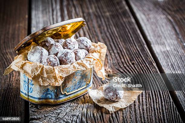 Sweet Cocoa Balls With Powder Milk Stock Photo - Download Image Now - 2015, Backgrounds, Box - Container