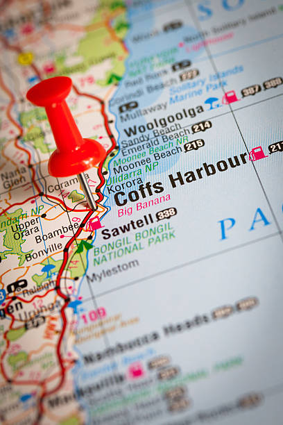 Coffs Harbour Coffs Harbour pin pointed on the map. New South Wales, Australia. coffs harbour stock pictures, royalty-free photos & images