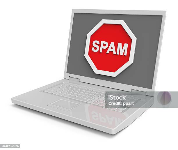 Spam Warning Sign On Laptop Screen Stock Photo - Download Image Now - 2015, Alertness, Care