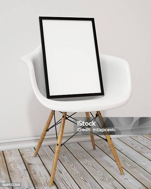 3d Model Blank Poster Frame On The Armchair Background Stock Photo - Download Image Now