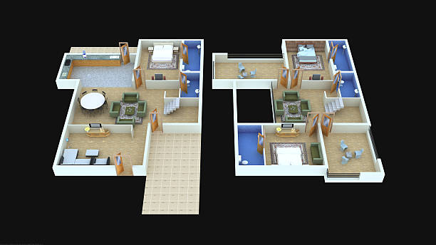 Interior plan32 for home ground floor and first floor- 3D 3D interior design for home (ground floor and first floor), with beautiful furnitures and flooring with black in background. the clinton foundation stock pictures, royalty-free photos & images