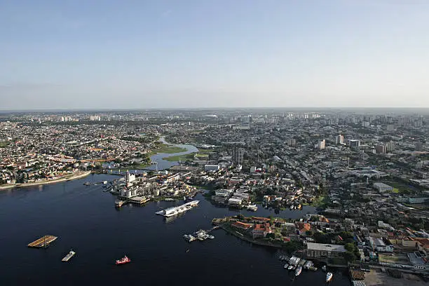 Aerial view of manaus city center, showing the area of modern manaus and the Negro River.