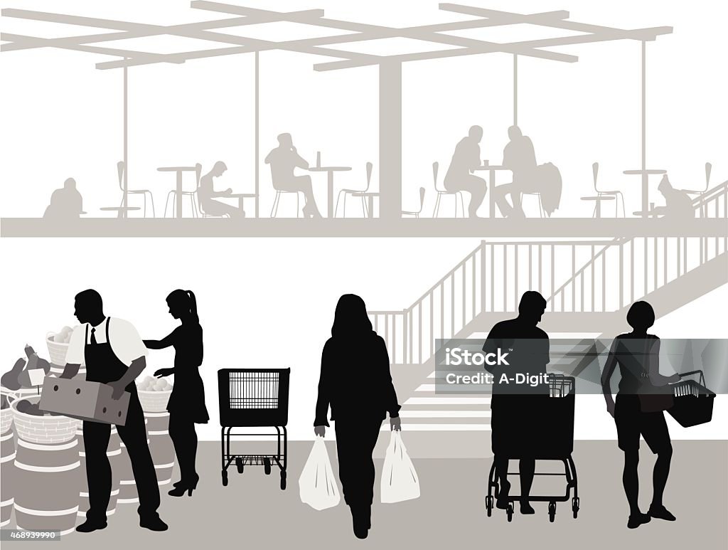 EssentialGoods Adults pick up groceries at the local market.  A man stocks produce, and people dine at an upstairs cafe. In Silhouette stock vector