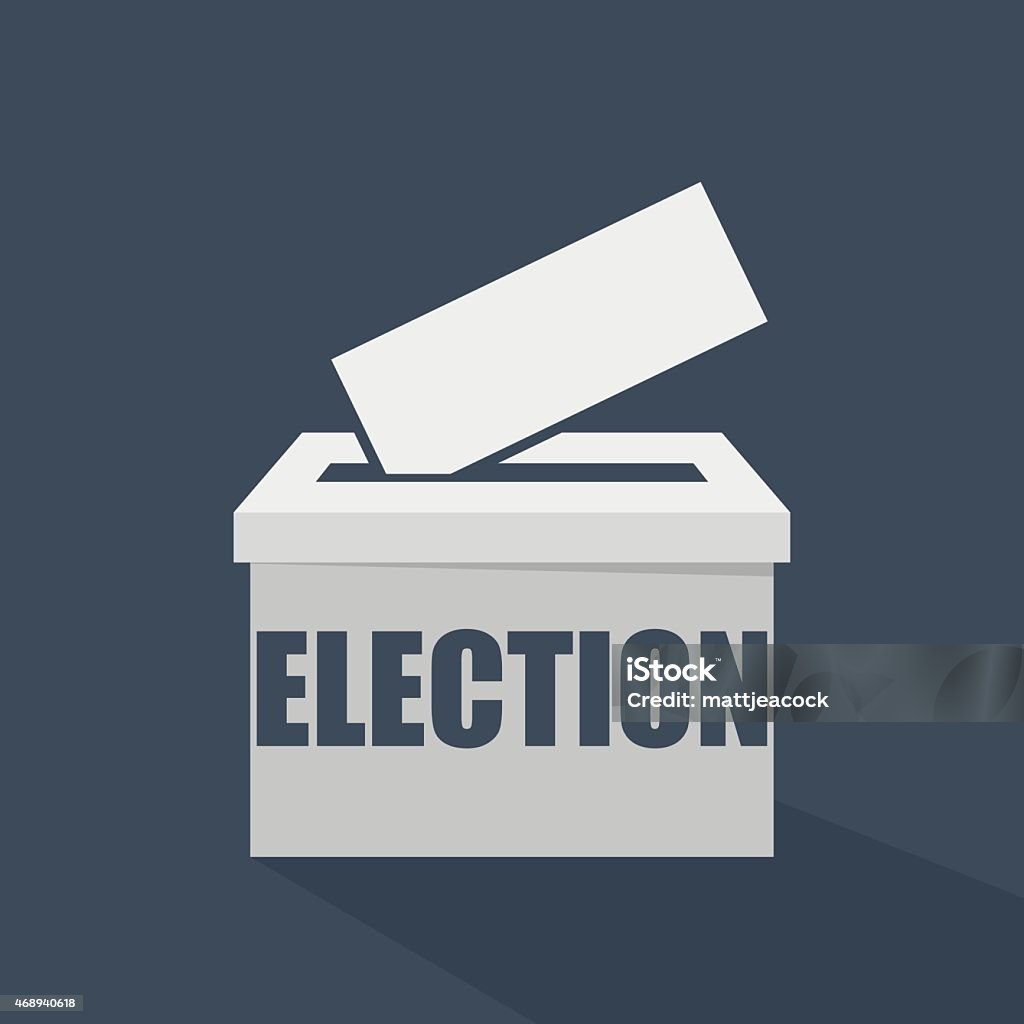 Election written on a white voting ballot box A vector illustration of a white voting ballot box on a blue background. A blank voting paper is sticking out of the slit in the top of the box where txt or a logo can be placed. the box is casting a shadow towards the bottom right corner of the image.  Election is written on the front of the box in blue bold font. 2015 stock vector