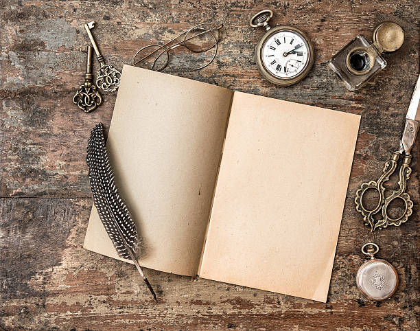 istock Open book and vintage writing on wooden table 468942146