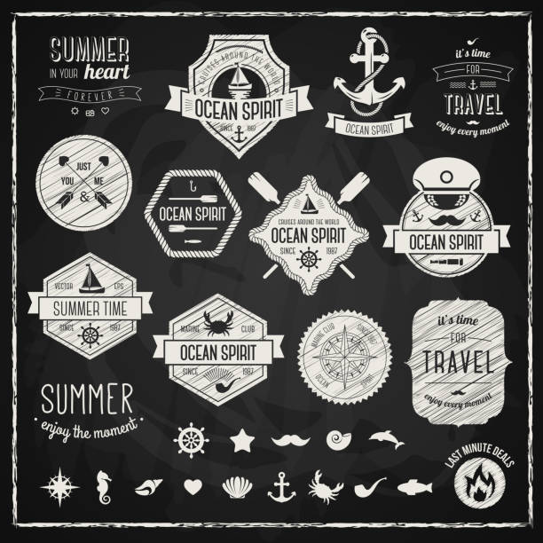 ilustraciones, imágenes clip art, dibujos animados e iconos de stock de vintage elementos de diseño. ilustración vectorial. - yacht postage stamp backgrounds black