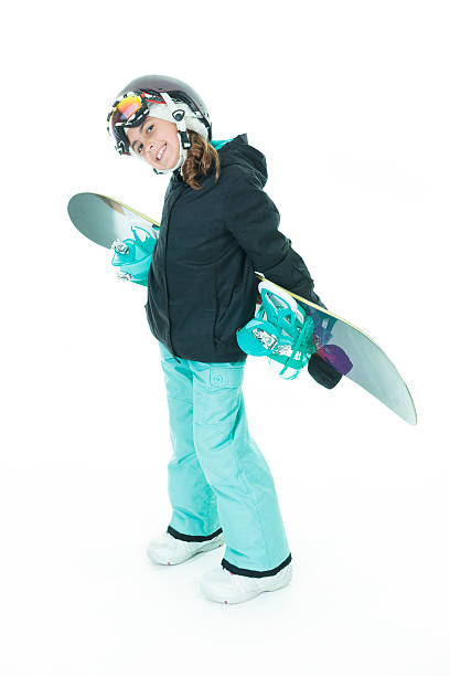 feliz chica con snowboard y saludo gesto, aislado en blanco - mono ski fotografías e imágenes de stock