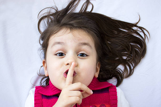 Little girl wispering and gesturing silence on bed. Image taken with Canon 600D and developed from Raw format. Little girl looking at camera and gesturing silence. Little girl is in casual clothings. She wants viewers to be hust. (image can remind viewers that she is naughty.) High angle view.