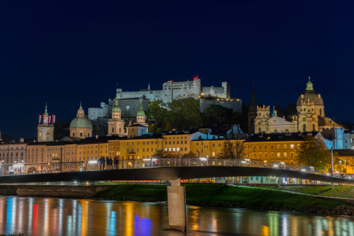 Night view of Salzburg old town, Austria