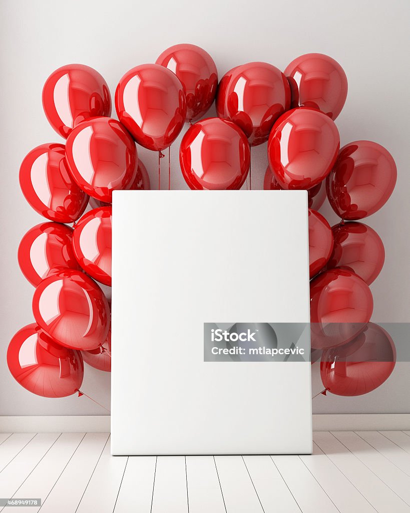 mock up poster in interior background with red balloons mock up poster in interior background with red balloons, 3d illustration Anniversary Stock Photo