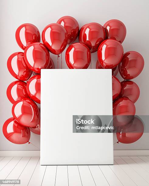 Mock Up Poster In Interior Background With Red Balloons Stock Photo - Download Image Now