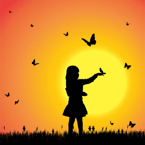 Vector silhouette of a girl. Vector silhouette of a girl with butterflies. silhouette of a toy story stock illustrations