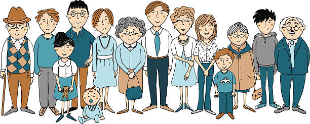 extended family Large family with 14 members from three generations family reunion stock illustrations
