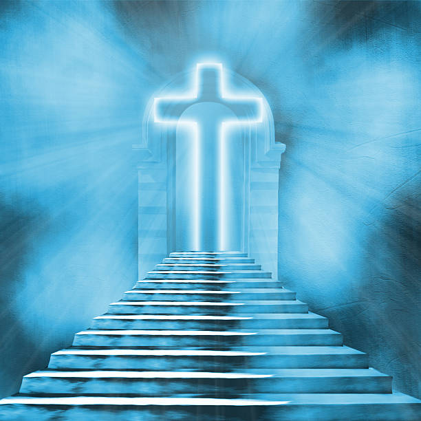 istock Glowing holy cross and staircase leading to heaven or hell 468956796