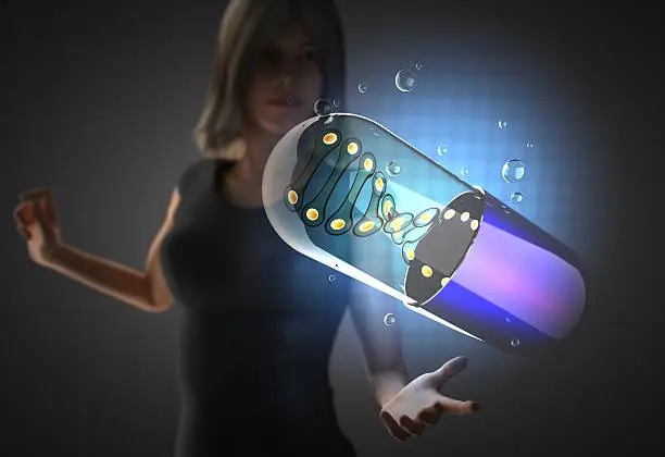 Photo of woman and hologram with micro capsule