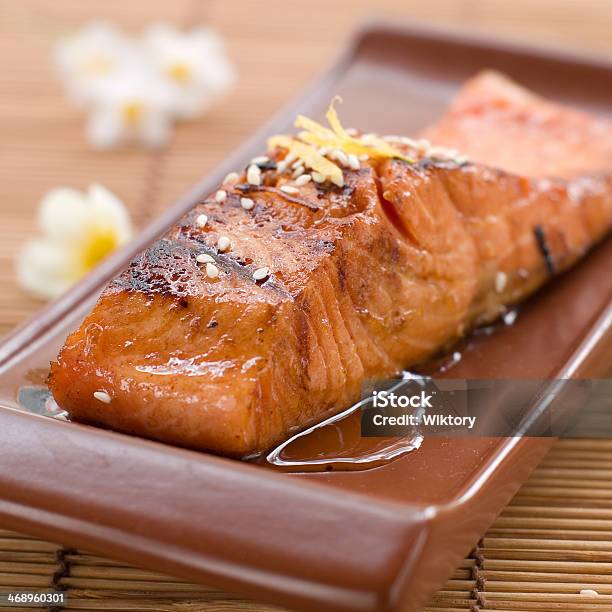 Grilled Salmon Stock Photo - Download Image Now - Baked, Baked Salmon, Close-up