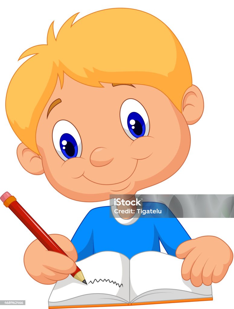 Happy Boy Cartoon Writing In A Book Stock Illustration - Download Image Now  - Writing - Activity, Child, Book - iStock