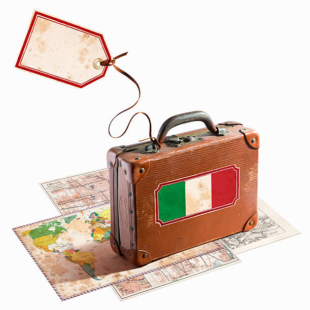 istock Antique leather suitcase on different maps Italy flag 468964609
