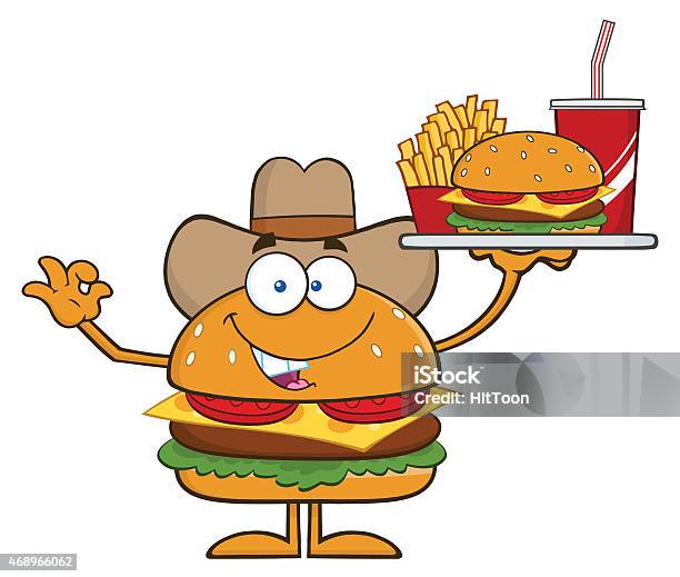 Cowboy Hamburger Holding A Plate Of Fast Food Stock Illustration - Download Image Now - 2015, Bun - Bread, Burger