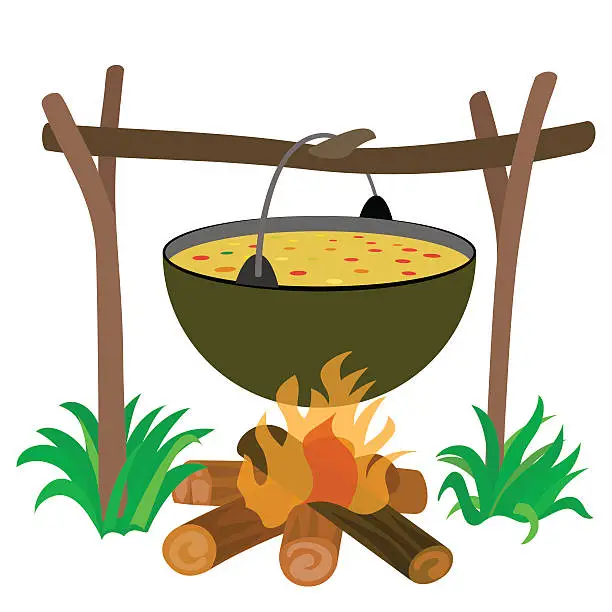 Vector illustration of Kettle of Soup in Campfire