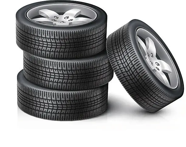 Vector illustration of 3 Car wheels stacked on top of each other with another wheel