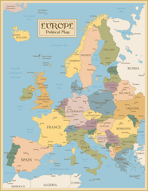 illustrazioni stock, clip art, cartoni animati e icone di tendenza di vintage mappa di europa-illustrazione - map germany topographic map vector