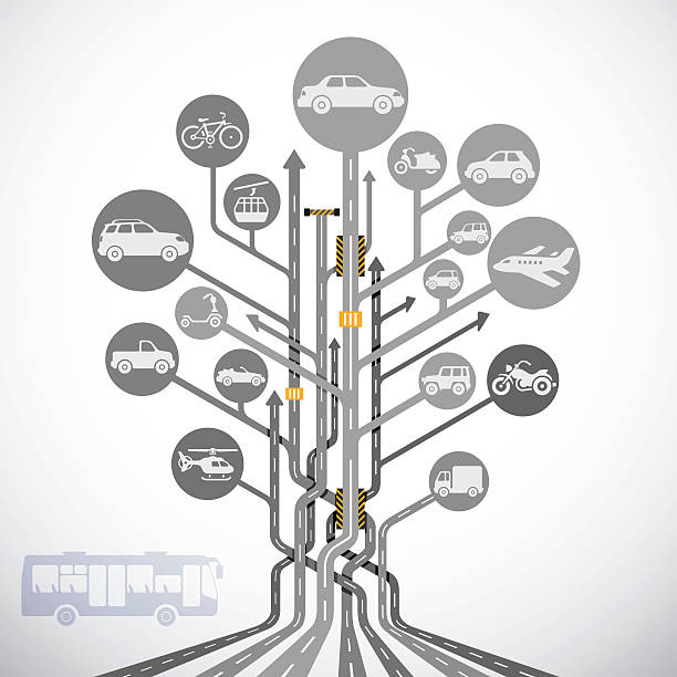 Abstract traffic tree with types of transportation High Resolution JPG,CS6 AI and Illustrator EPS 10 included. Each element is named,grouped and layered separately. Very easy to edit. public transportation illustrations stock illustrations