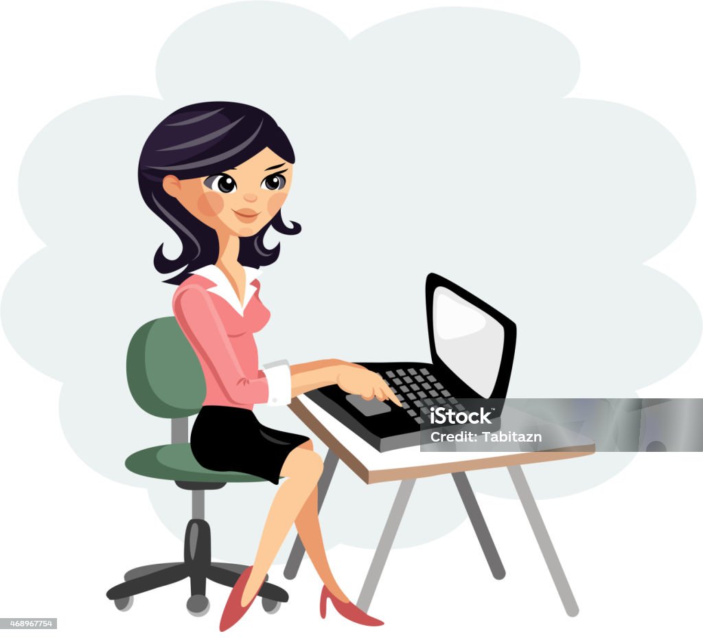Young Woman Working On Computer At Desk Vector Cartoon Illustration Stock  Illustration - Download Image Now - iStock