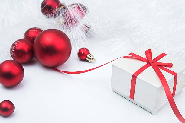 istock Christmas red gift box with balls 468970518