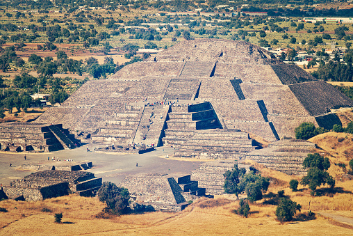 Vintage retro effect filtered hipster style image of pyramid of the Moon. View from the Pyramid of the Sun. Teotihuacan, Mexico